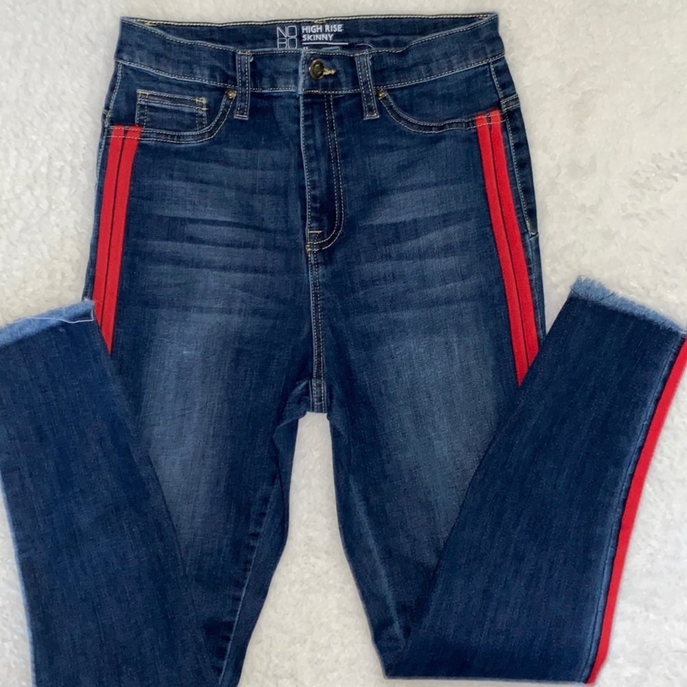 High Rise Skinny Jeans - Blue with Red Accents